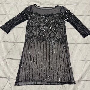 Pisarro Nights Beaded Sheer Slate Colored Knee Length Party Dress Size 10
